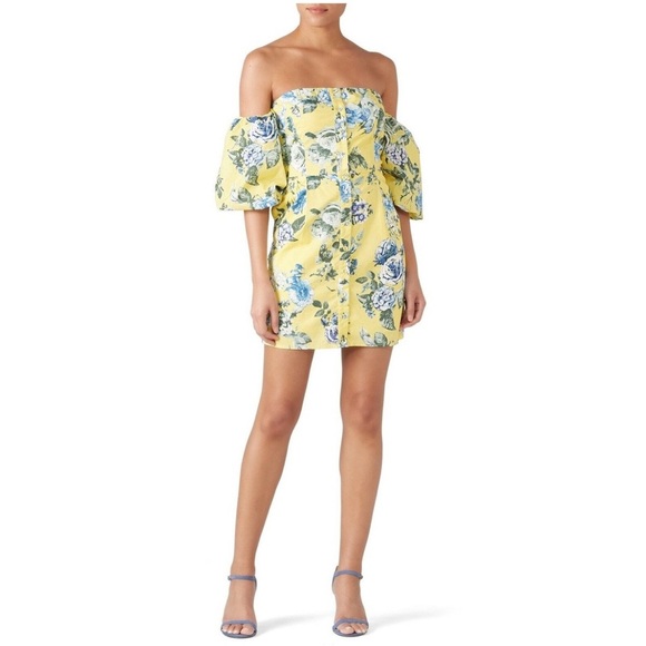 J.O.A. Yellow and Blue Ruffled Off-Shoulder Mini Dress - Picture 1 of 10